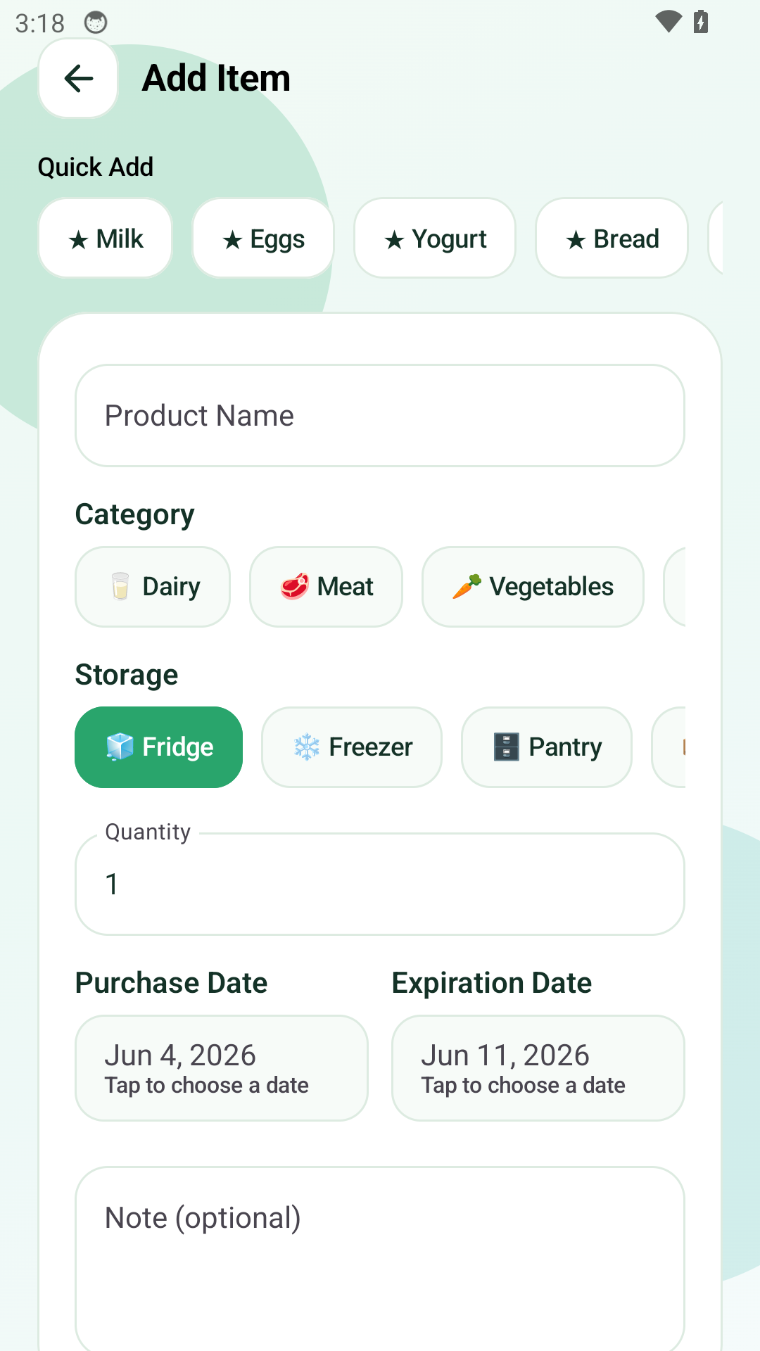 Recipe Cost Calculator add item screen